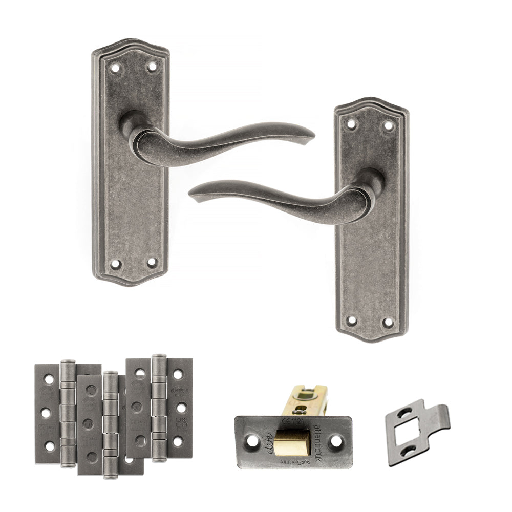 Quality image of Old English Warwick Door Handle Pack (Latch Set - 3" CE Latch, 3" Fire Rated Hinges x3) - Distressed Silver | Sku. adpoe178lds2 | available from Trade Door Handles.