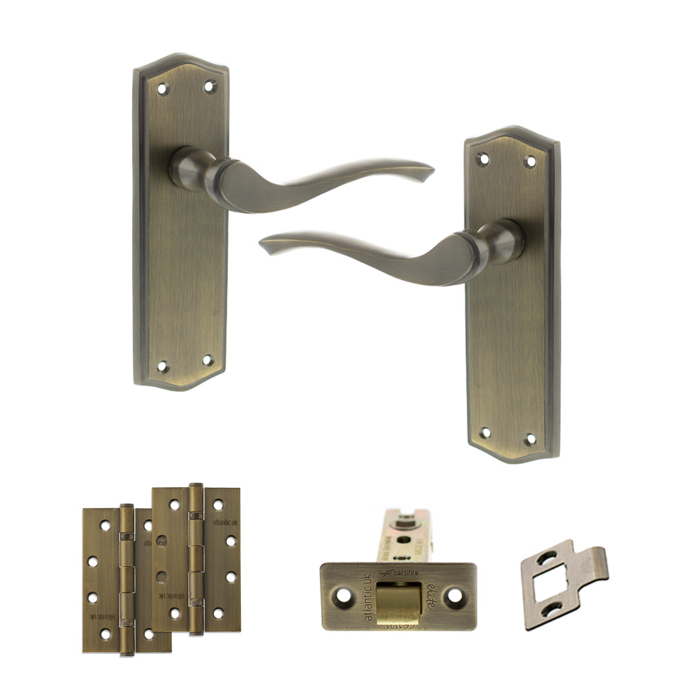 Quality image of Old English Warwick Door Handle Pack (Latch Set - 3" CE Latch, 4" Slim Knuckle Hinges x2) - Matt Antique Brass | Sku. adpoe178lmab6 | available from Trade Door Handles.
