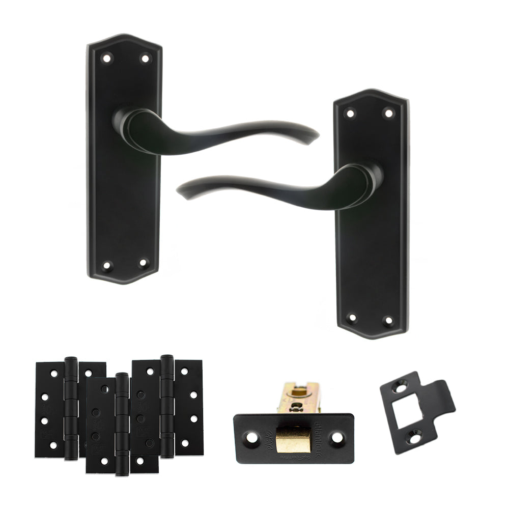Quality image of Old English Warwick Door Handle Pack (Latch Set - 3" CE Latch, 4" Fire Rated Hinges x3) - Matt Black | Sku. adpoe178lmb4 | available from Trade Door Handles.