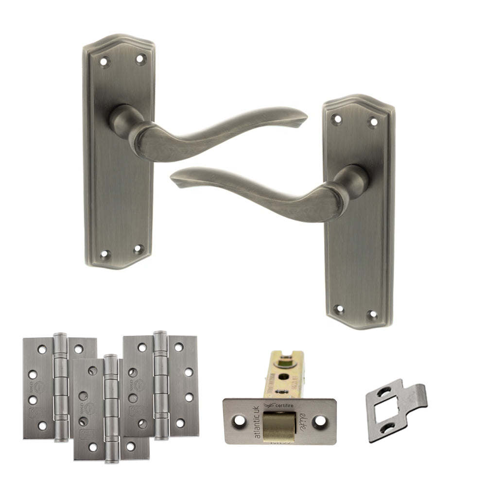 Quality image of Old English Warwick Door Handle Pack (Latch Set - 3" CE Latch, 4" Fire Rated Hinges x3) - Matt Gun Metal | Sku. adpoe178lmbn4 | available from Trade Door Handles.