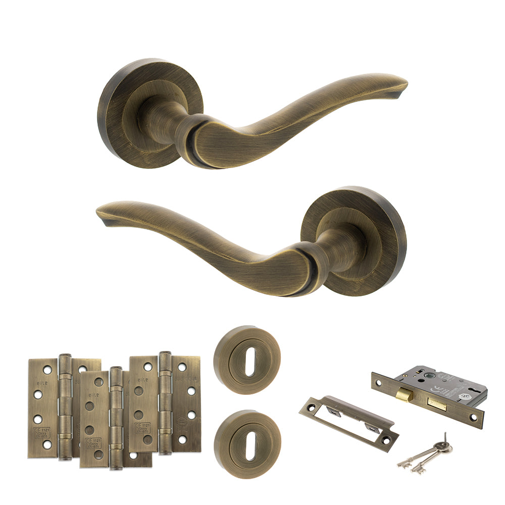 Quality image of Old English Warwick Door Handle Pack (3 Lever Lock Set - 2.5" CE Sashlock, 4" Fire Rated Hinges x3) - Matt Antique Brass | Sku. adpoe178mab16 | available from Trade Door Handles.