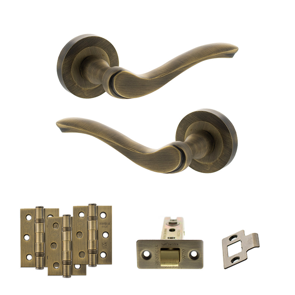 Quality image of Old English Warwick Door Handle Pack (Latch Set - 2.5" CE Latch, 3" Fire Rated Hinges x3) - Matt Antique Brass | Sku. adpoe178mab1 | available from Trade Door Handles.