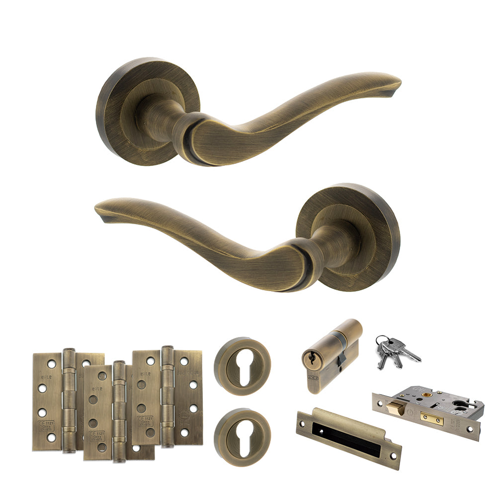 Quality image of Old English Warwick Door Handle Pack (Euro Lock Set - 2.5" CE Sashlock, 4" Fire Rated Hinges x3) - Matt Antique Brass | Sku. adpoe178mab22 | available from Trade Door Handles.