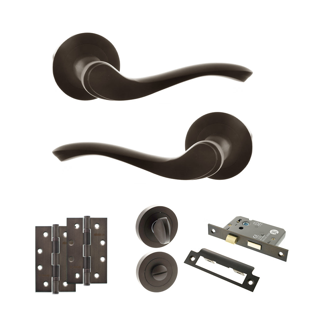 Quality image of Old English Warwick Door Handle Pack (Bathroom Set - 3" CE Bathroom Lock, 4" Slim Knuckle Hinges x2) - Urban Dark Bronze | Sku. adpoe178udb13 | available from Trade Door Handles.