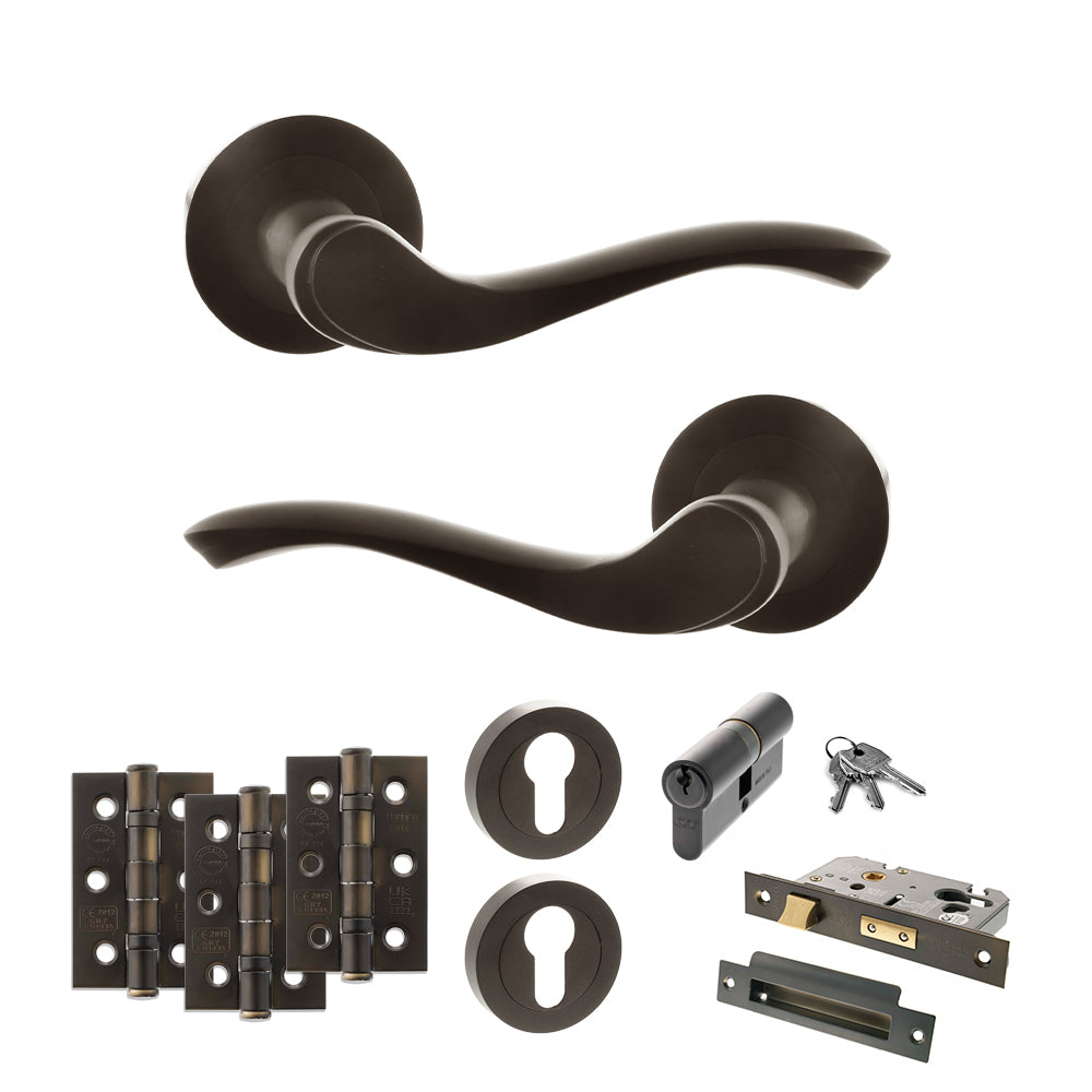 Quality image of Old English Warwick Door Handle Pack (Euro Lock Set - 2.5" CE Sashlock, 3" Fire Rated Hinges x3) - Urban Dark Bronze | Sku. adpoe178udb20 | available from Trade Door Handles.