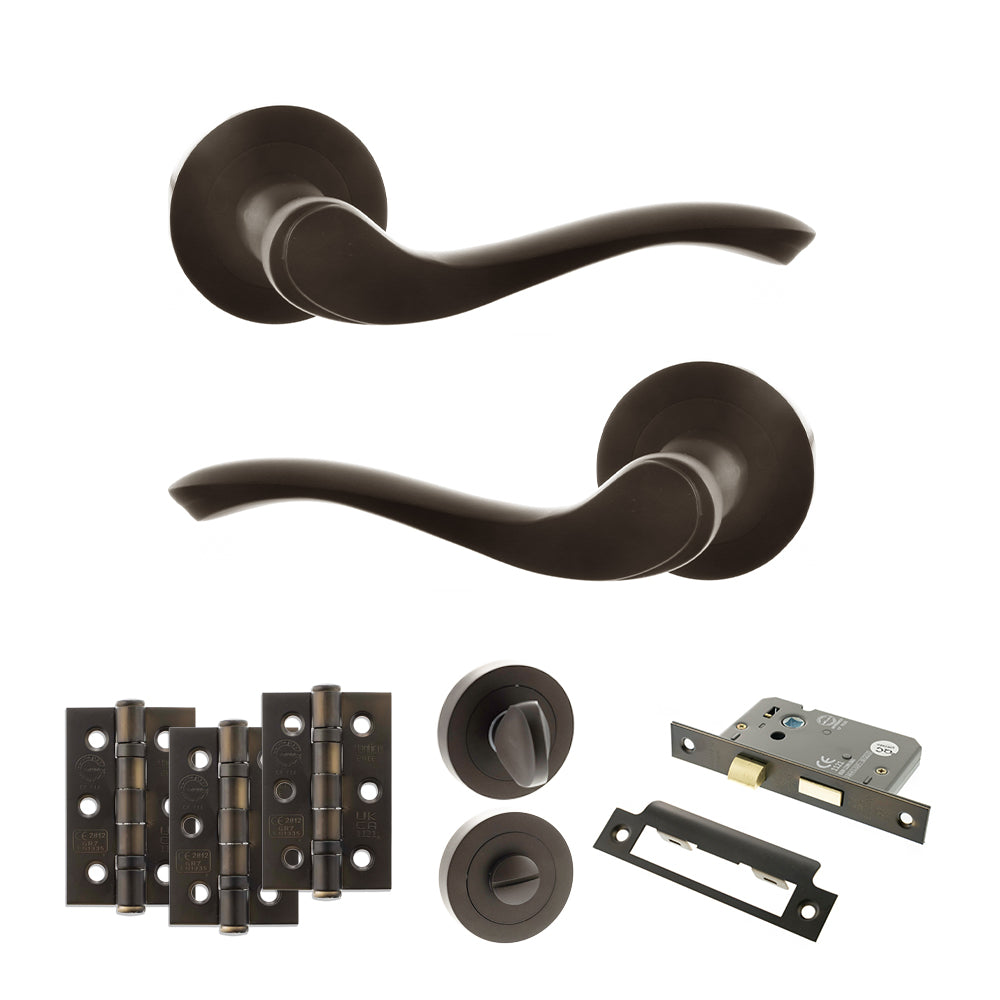 Quality image of Old English Warwick Door Handle Pack (Bathroom Set - 2.5" CE Bathroom Lock, 3" Fire Rated Hinges x3) - Urban Dark Bronze | Sku. adpoe178udb8 | available from Trade Door Handles.