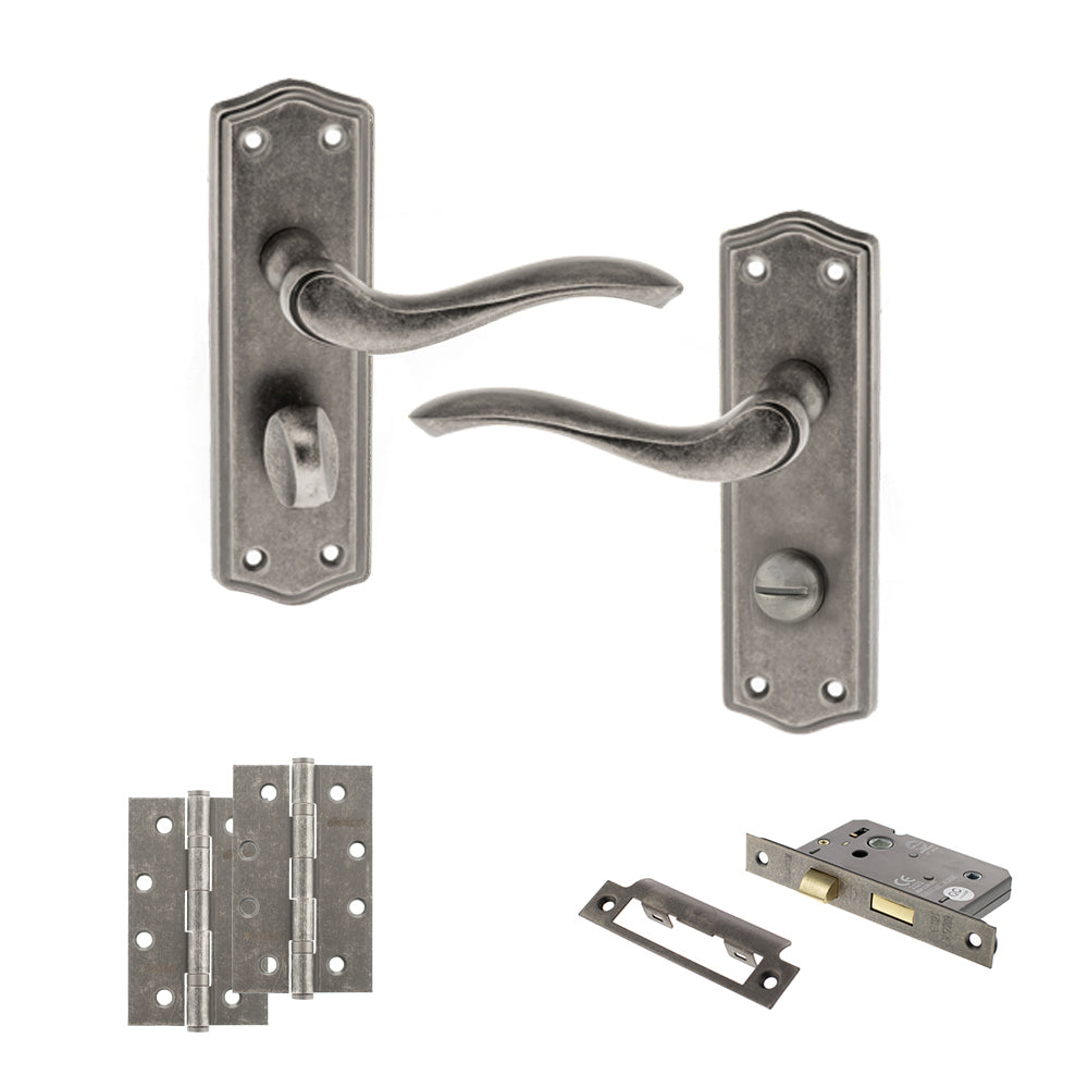 Quality image of Old English Warwick Door Handle Pack (Bathroom Set - 3" CE Bathroom Lock, 4" Slim Knuckle Hinges x2) - Distressed Silver | Sku. adpoe178wcds13 | available from Trade Door Handles.
