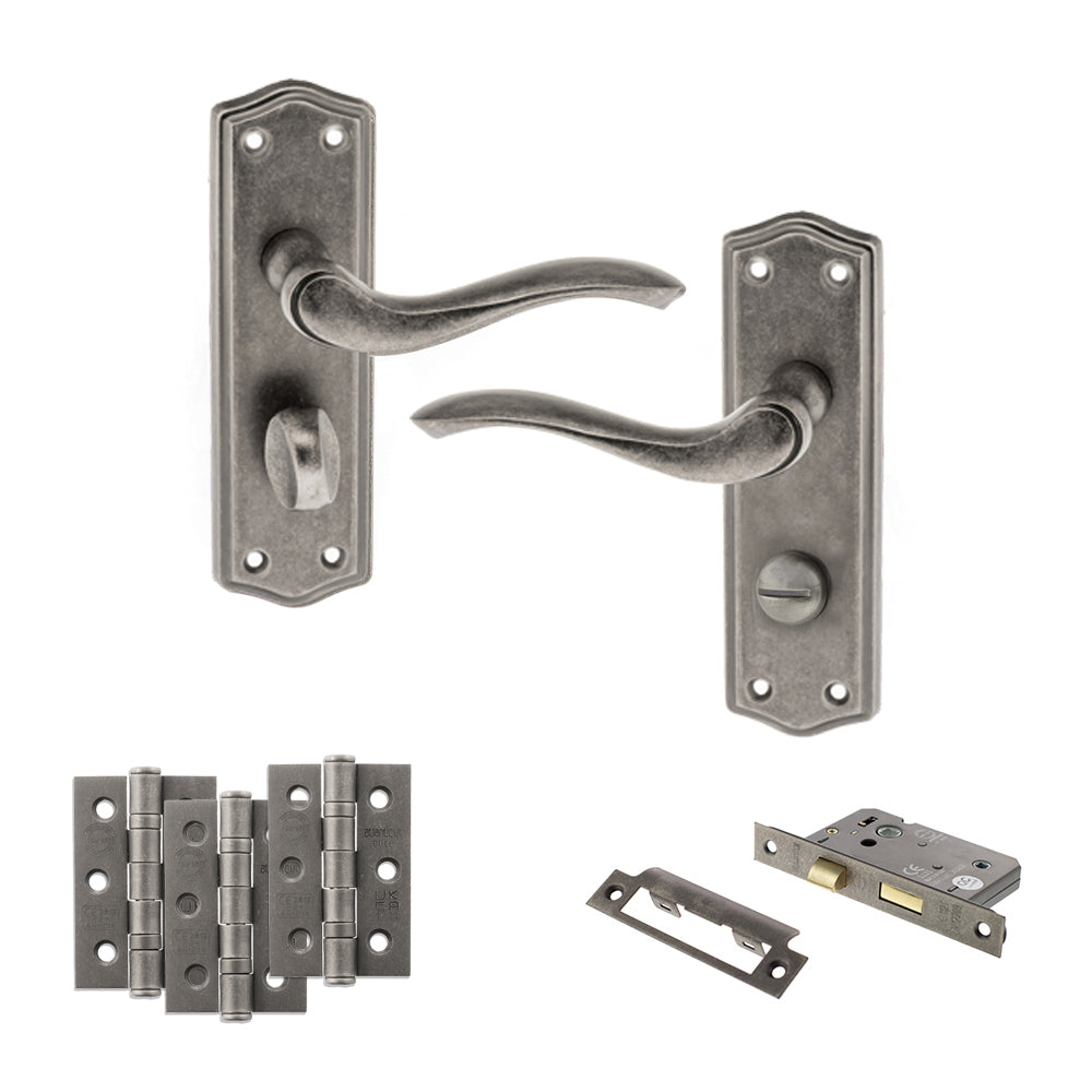 Quality image of Old English Warwick Door Handle Pack (Bathroom Set - 2.5" CE Bathroom Lock, 3" Fire Rated Hinges x3) - Distressed Silver | Sku. adpoe178wcds8 | available from Trade Door Handles.