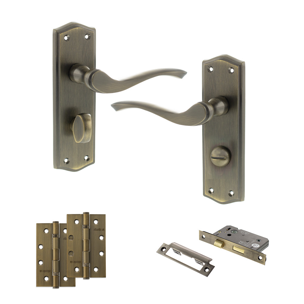 Quality image of Old English Warwick Door Handle Pack (Bathroom Set - 2.5" CE Bathroom Lock, 4" Slim Knuckle Hinges x2) - Matt Antique Brass | Sku. adpoe178wcmab12 | available from Trade Door Handles.