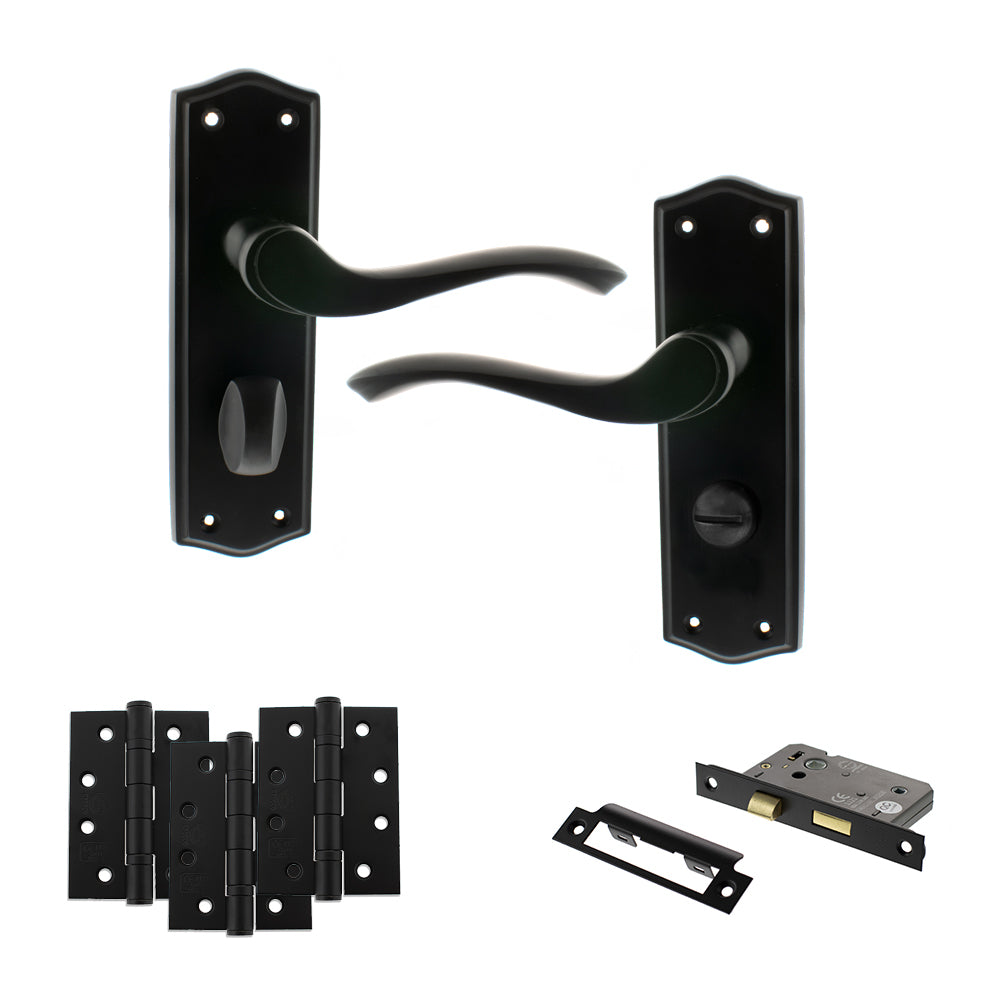 Quality image of Old English Warwick Door Handle Pack (Bathroom Set - 2.5" CE Bathroom Lock, 4" Fire Rated Hinges x3) - Matt Black | Sku. adpoe178wcmb10 | available from Trade Door Handles.
