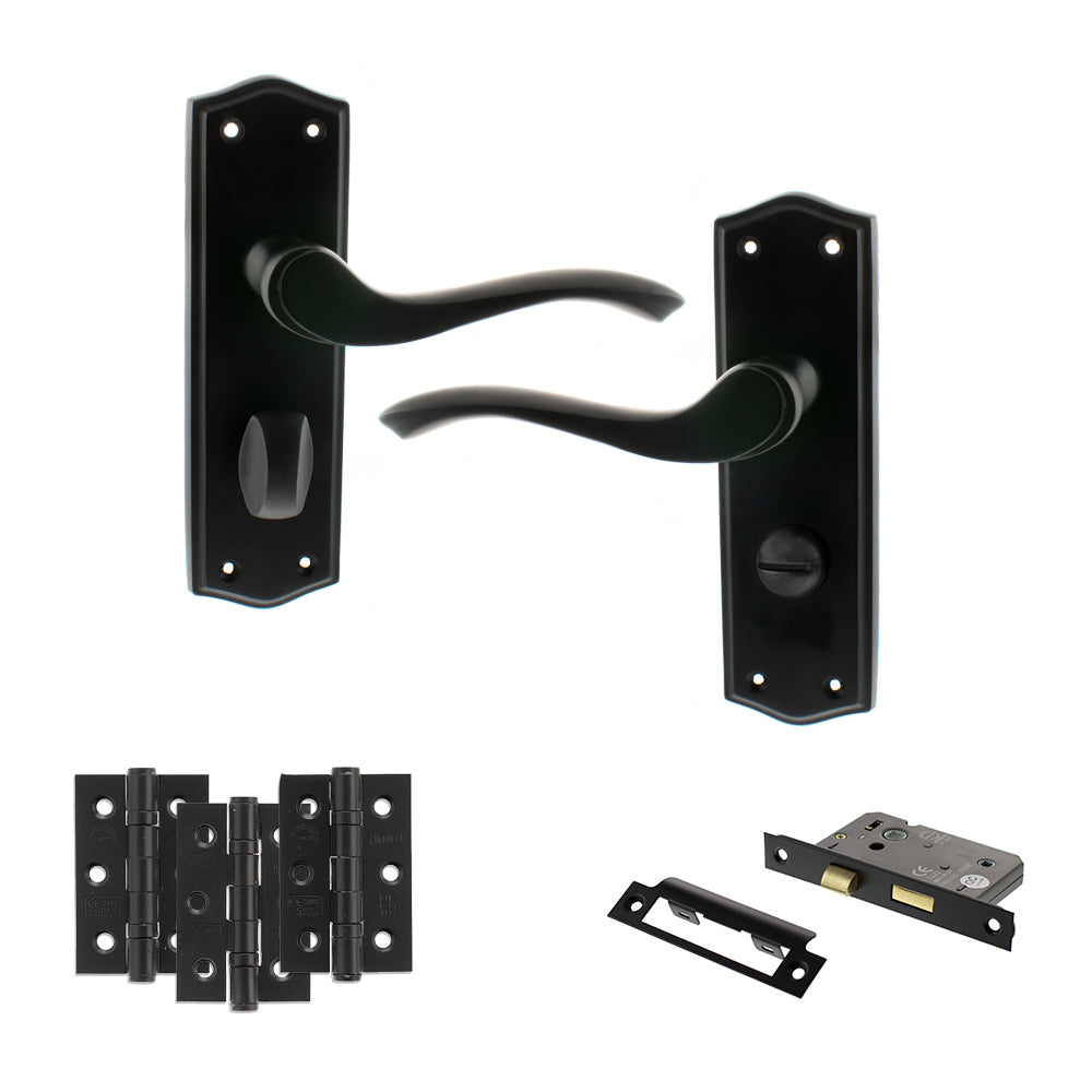 Quality image of Old English Warwick Door Handle Pack (Bathroom Set - 3" CE Bathroom Lock, 3" Fire Rated Hinges x3) - Matt Black | Sku. adpoe178wcmb9 | available from Trade Door Handles.