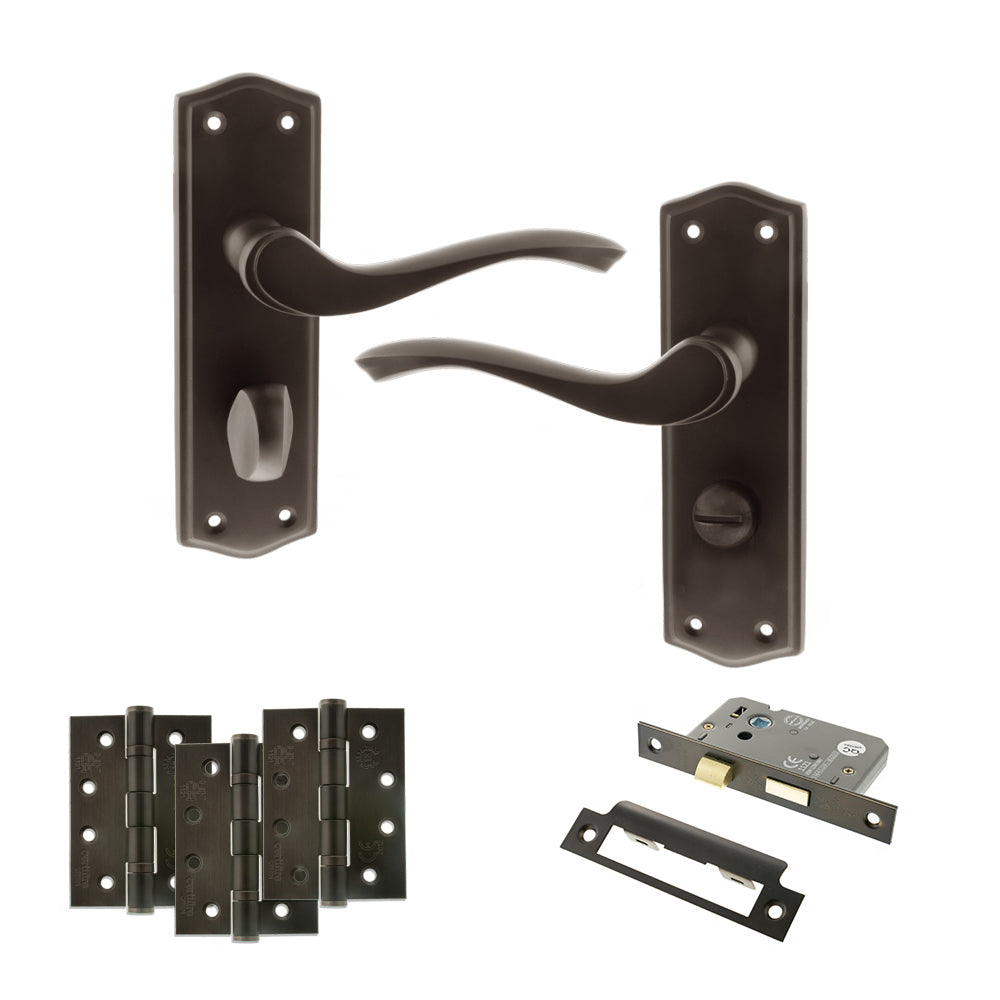 Quality image of Old English Warwick Door Handle Pack (Bathroom Set - 3" CE Bathroom Lock, 4" Fire Rated Hinges x3) - Urban Dark Bronze | Sku. adpoe178wcudb11 | available from Trade Door Handles.