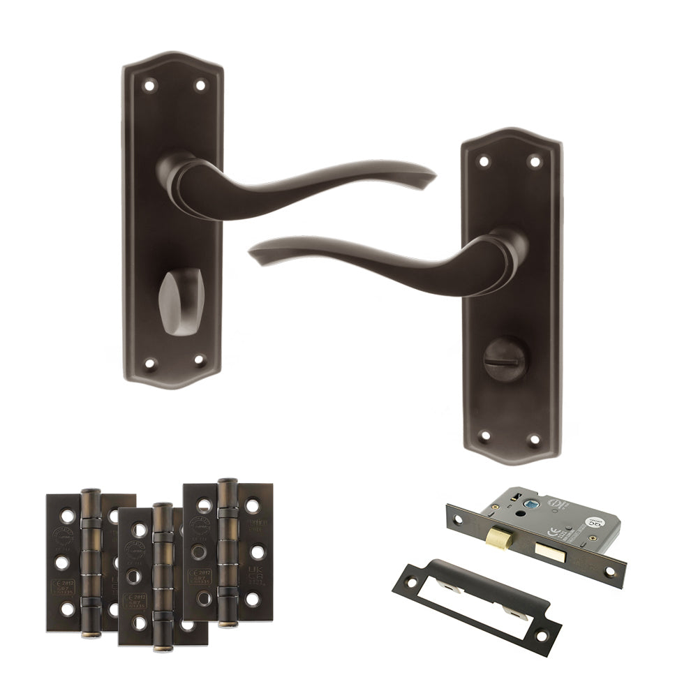 Quality image of Old English Warwick Door Handle Pack (Bathroom Set - 2.5" CE Bathroom Lock, 3" Fire Rated Hinges x3) - Urban Dark Bronze | Sku. adpoe178wcudb8 | available from Trade Door Handles.