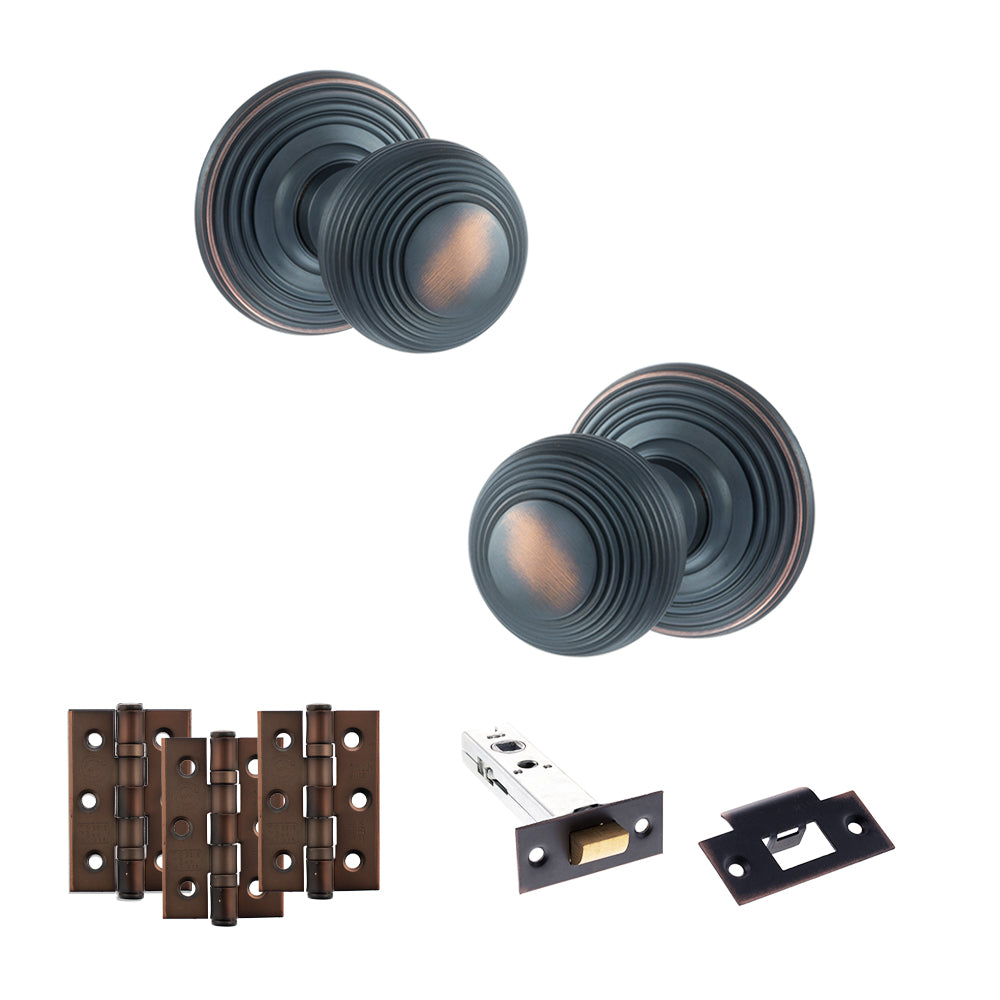 Quality image of Old English Ripon Door Knob Pack (Latch Set - 4" HD Latch, 3" Fire Rated Hinges x3) - Antique Copper | Sku. adpoe50rmkac55 | available from Trade Door Handles.