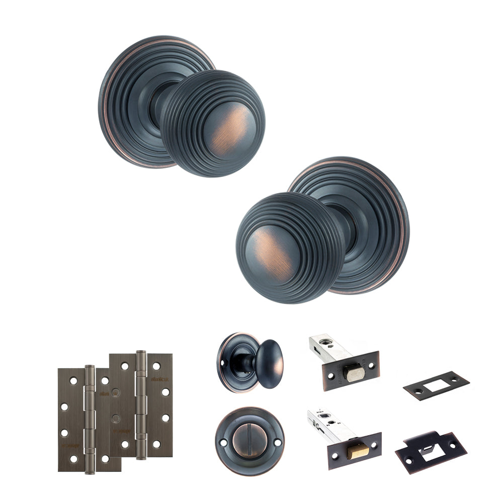 Quality image of Old English Ripon Door Knob Pack (Bathroom Set - 3" Deadbolt, 4" Slim Knuckle Hinges x2) - Antique Copper | Sku. adpoe50rmkac64 | available from Trade Door Handles.
