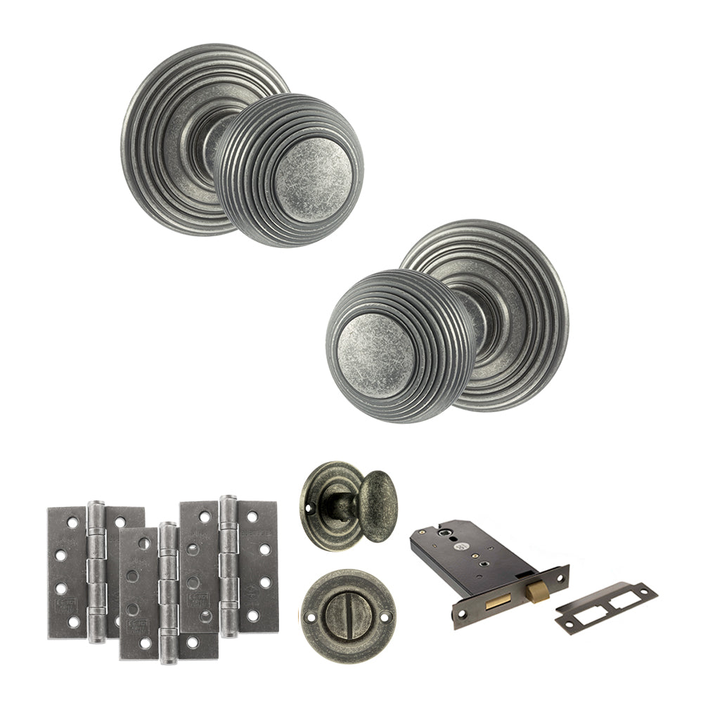 Quality image of Old English Ripon Door Knob Pack (Lock Set - Horizontal Bathlock, 4" Fire Rated Hinges x3) - Distressed Silver | Sku. adpoe50rmkds72 | available from Trade Door Handles.