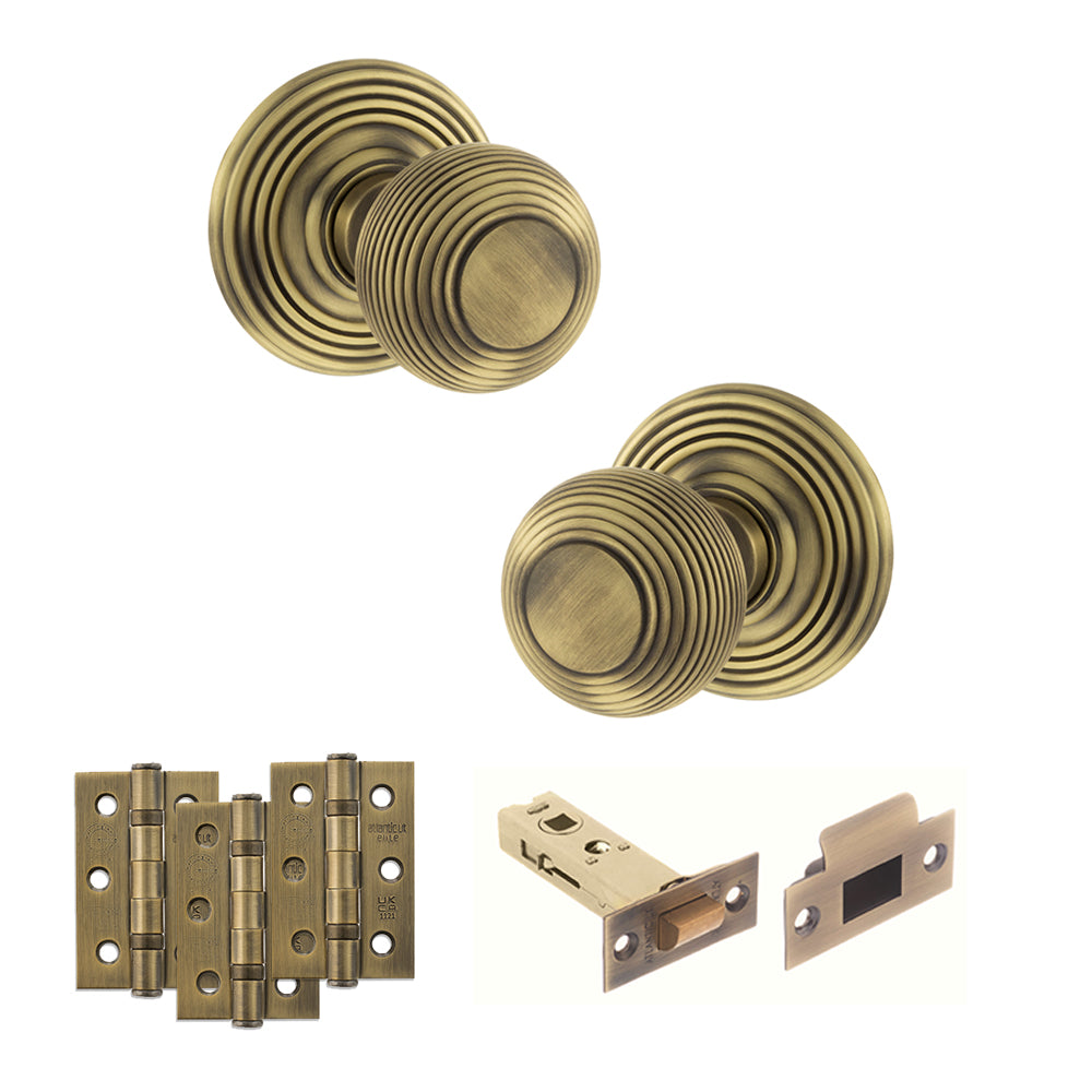 Quality image of Old English Ripon Door Knob Pack (Latch Set - 3" HD Latch, 3" Fire Rated Hinges x3) - Matt Antique Brass | Sku. adpoe50rmkmab54 | available from Trade Door Handles.