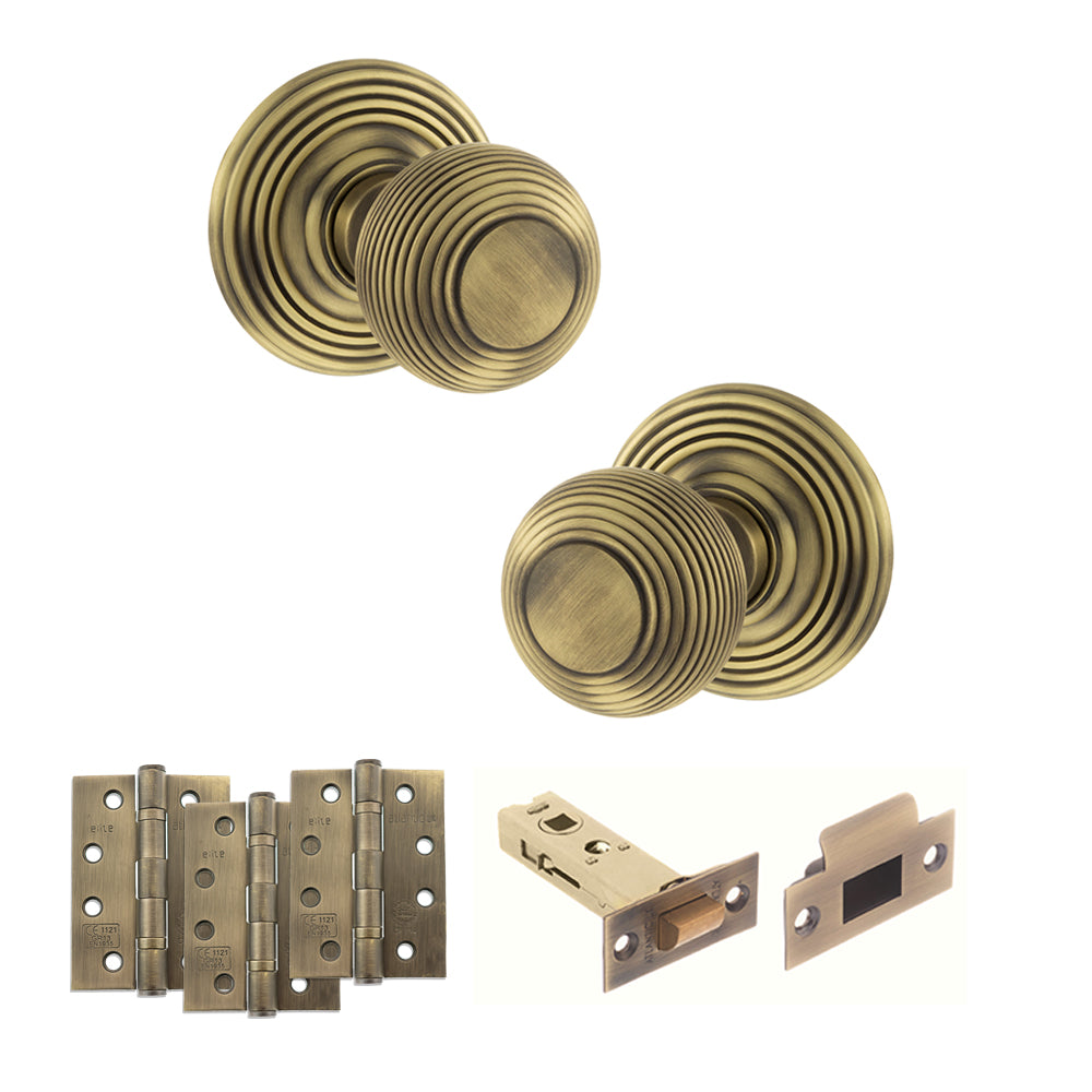 Quality image of Old English Ripon Door Knob Pack (Latch Set - 3" HD Latch, 4" Fire Rated Hinges x3) - Matt Antique Brass | Sku. adpoe50rmkmab56 | available from Trade Door Handles.