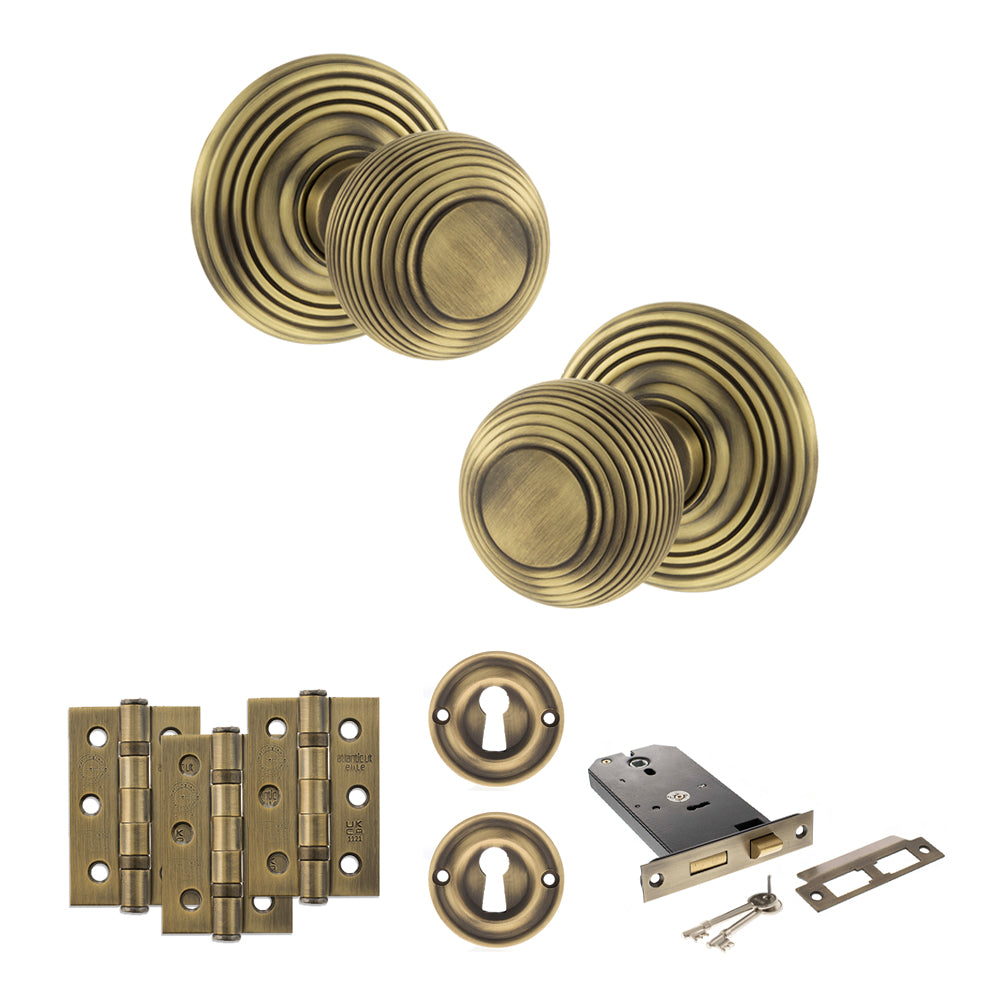 Quality image of Old English Ripon Door Knob Pack (Lock Set - Horizontal Sashlock, 3" Fire Rated Hinges x3) - Matt Antique Brass | Sku. adpoe50rmkmab69 | available from Trade Door Handles.