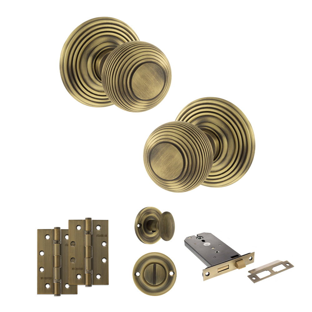 Quality image of Old English Ripon Door Knob Pack (Lock Set - Horizontal Bathlock, 4" Slim Knuckle Hinges x2) - Matt Antique Brass | Sku. adpoe50rmkmab74 | available from Trade Door Handles.