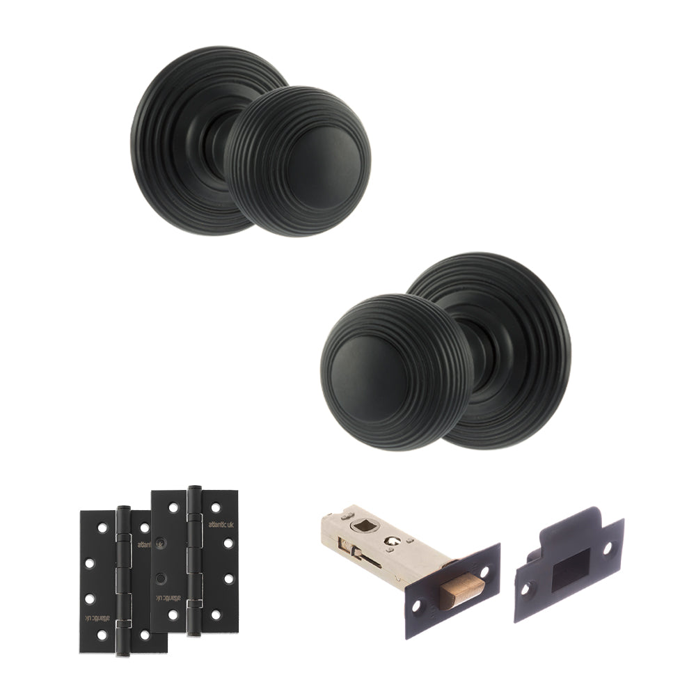 Quality image of Old English Ripon Door Knob Pack (Latch Set - 3" HD Latch, 4" Slim Knuckle Hinges x2) - Matt Black | Sku. adpoe50rmkmb58 | available from Trade Door Handles.