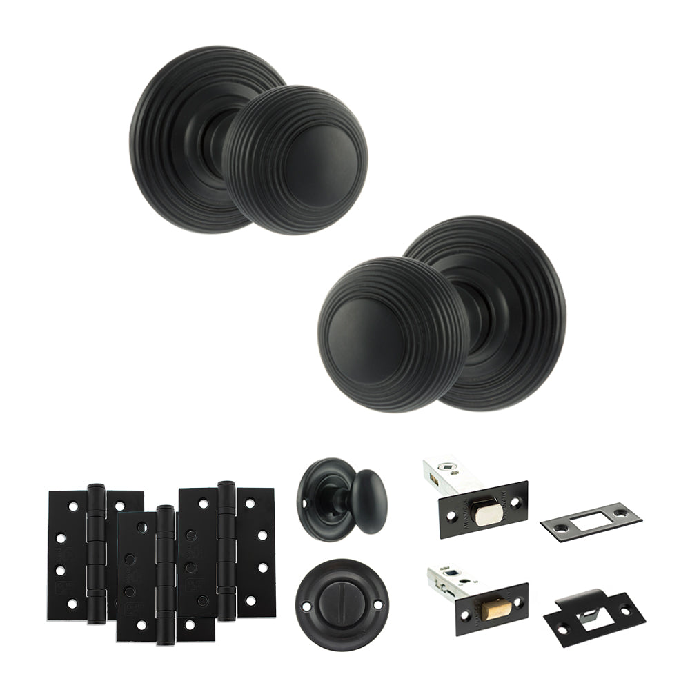 Quality image of Old English Ripon Door Knob Pack (Bathroom Set - 4" Deadbolt, 4" Fire Rated Hinges x3) - Matt Black | Sku. adpoe50rmkmb63 | available from Trade Door Handles.