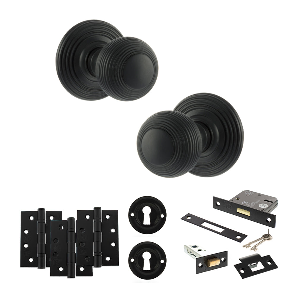 Quality image of Old English Ripon Door Knob Pack (Lock Set - 3" Latch & Deadlock, 4" Fire Rated Hinges x3) - Matt Black | Sku. adpoe50rmkmb67 | available from Trade Door Handles.