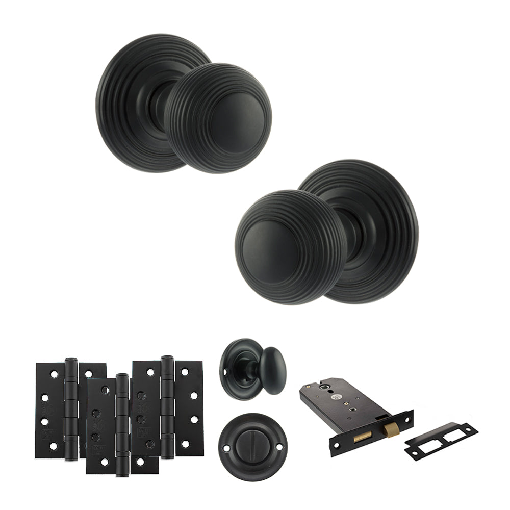 Quality image of Old English Ripon Door Knob Pack (Lock Set - Horizontal Bathlock, 4" Fire Rated Hinges x3) - Matt Black | Sku. adpoe50rmkmb72 | available from Trade Door Handles.