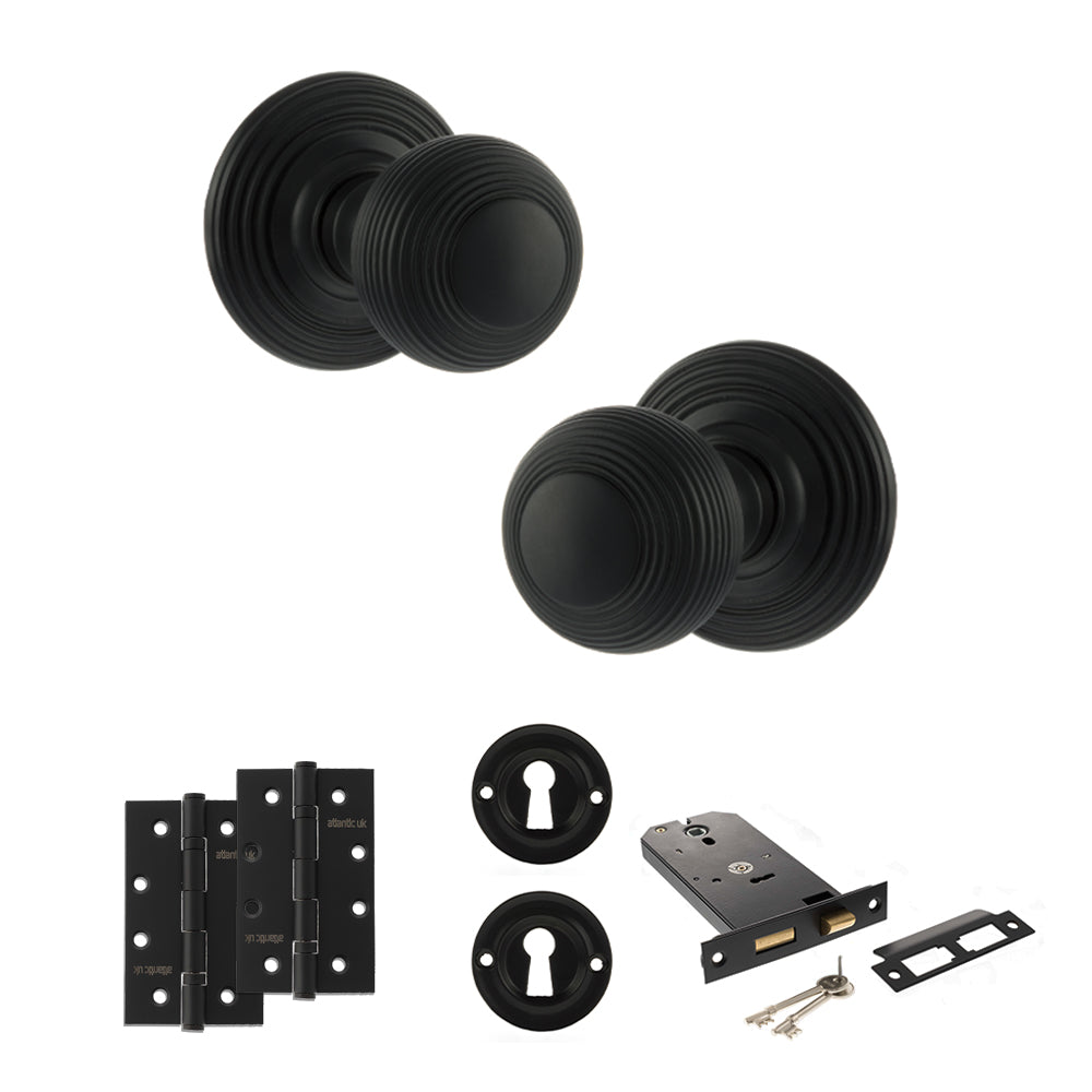 Quality image of Old English Ripon Door Knob Pack (Lock Set - Horizontal Sashlock, 4" Slim Knuckle Hinges x2) - Matt Black | Sku. adpoe50rmkmb73 | available from Trade Door Handles.