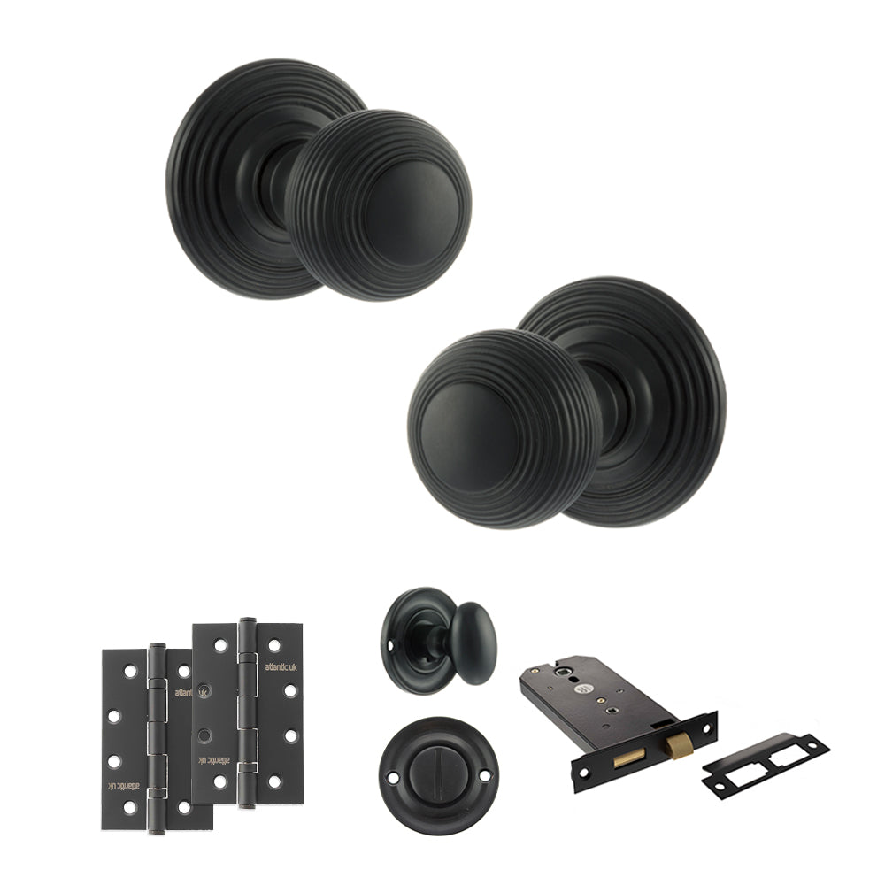 Quality image of Old English Ripon Door Knob Pack (Lock Set - Horizontal Bathlock, 4" Slim Knuckle Hinges x2) - Matt Black | Sku. adpoe50rmkmb74 | available from Trade Door Handles.