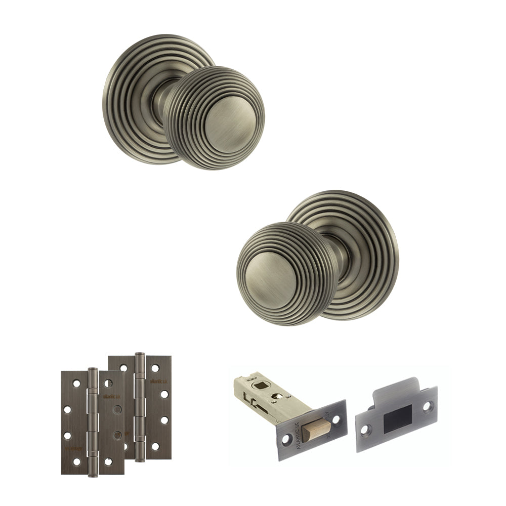 Quality image of Old English Ripon Door Knob Pack (Latch Set - 4" HD Latch, 4" Slim Knuckle Hinges x2) - Matt Gun Metal | Sku. adpoe50rmkmbn59 | available from Trade Door Handles.