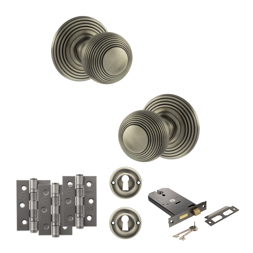 Quality image of Old English Ripon Door Knob Pack (Lock Set - Horizontal Sashlock, 3" Fire Rated Hinges x3) - Matt Gun Metal | Sku. adpoe50rmkmbn69 | available from Trade Door Handles.