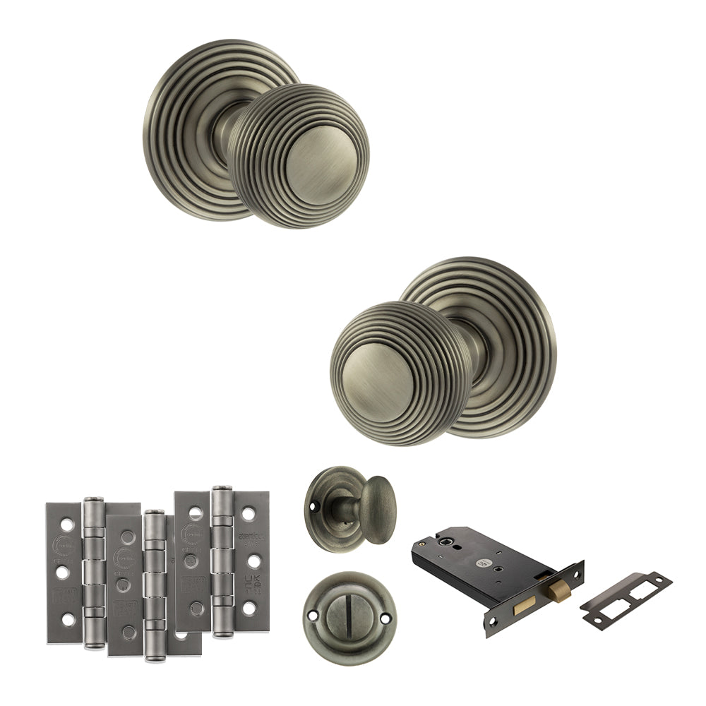 Quality image of Old English Ripon Door Knob Pack (Lock Set - Horizontal Bathlock, 3" Fire Rated Hinges x3) - Matt Gun Metal | Sku. adpoe50rmkmbn70 | available from Trade Door Handles.