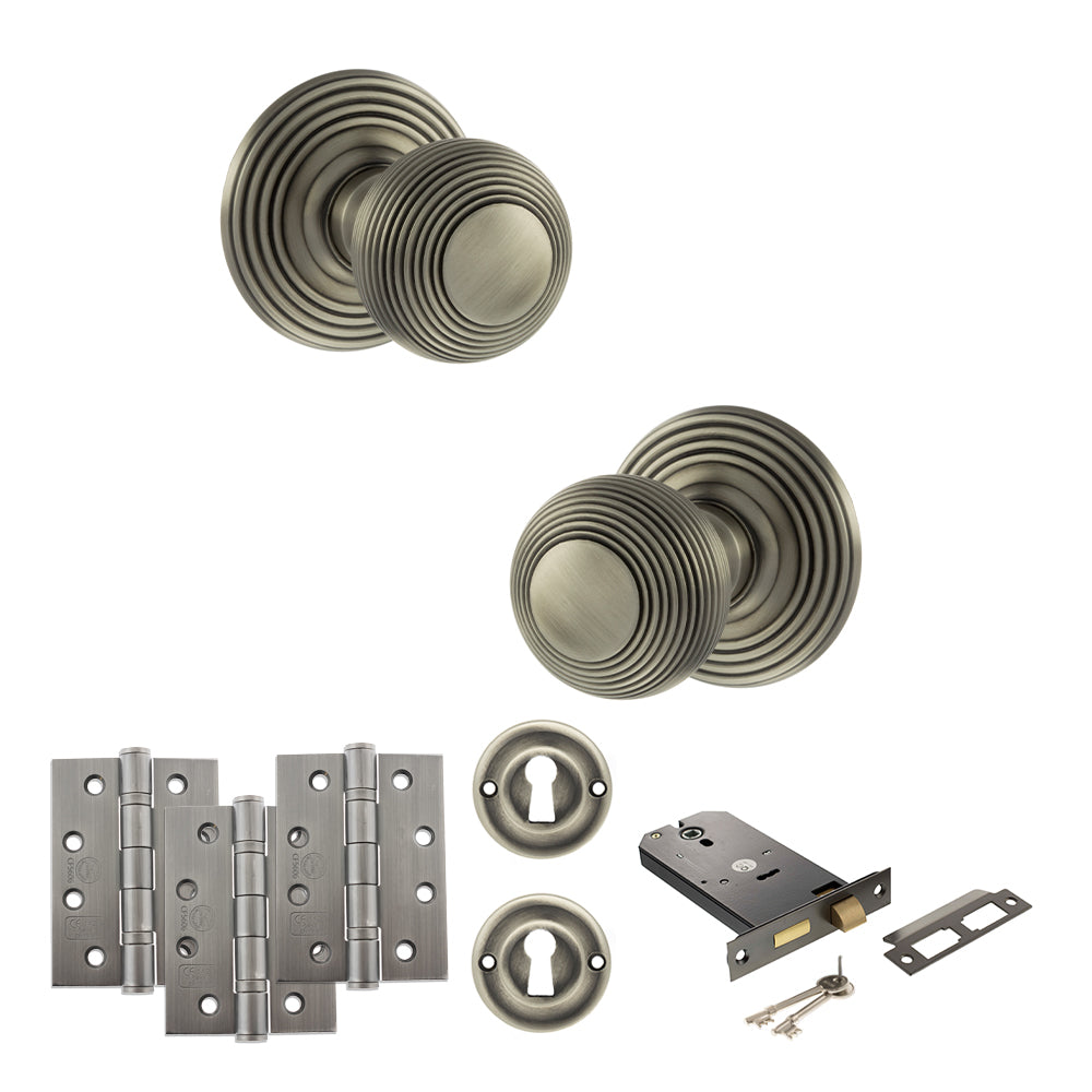 Quality image of Old English Ripon Door Knob Pack (Lock Set - Horizontal Sashlock, 4" Fire Rated Hinges x3) - Matt Gun Metal | Sku. adpoe50rmkmbn71 | available from Trade Door Handles.