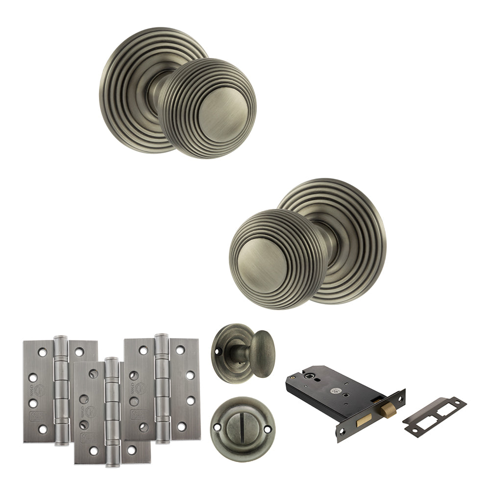 Quality image of Old English Ripon Door Knob Pack (Lock Set - Horizontal Bathlock, 4" Fire Rated Hinges x3) - Matt Gun Metal | Sku. adpoe50rmkmbn72 | available from Trade Door Handles.