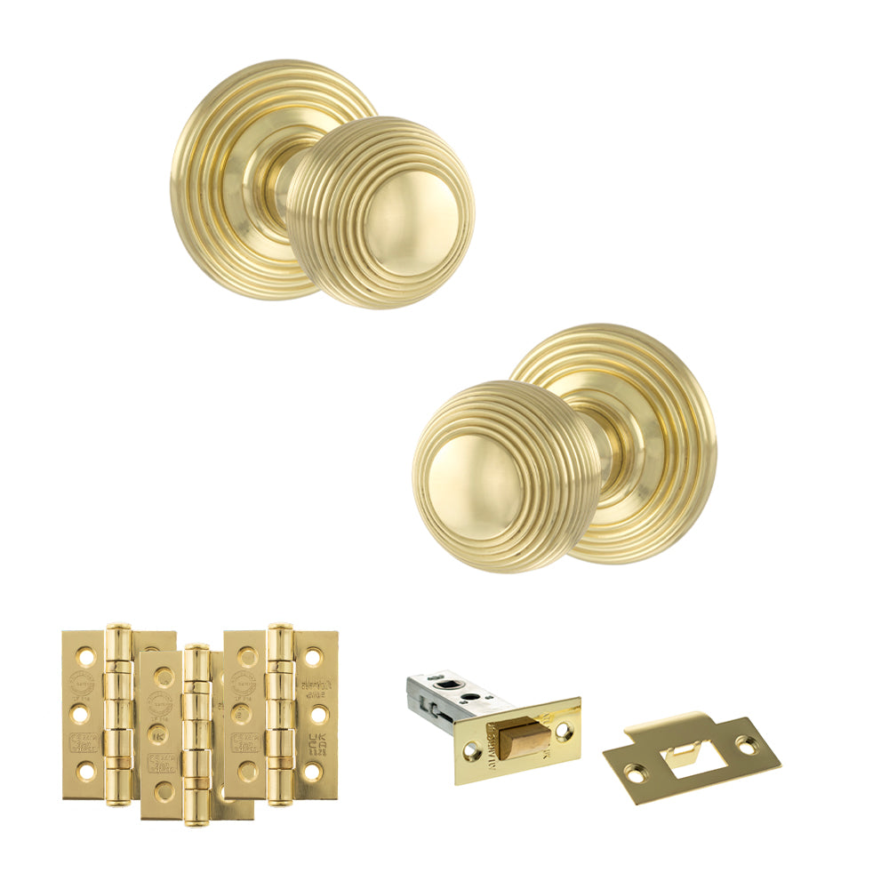 Quality image of Old English Ripon Door Knob Pack (Latch Set - 3" HD Latch, 3" Fire Rated Hinges x3) - Polished Brass | Sku. adpoe50rmkpb54 | available from Trade Door Handles.