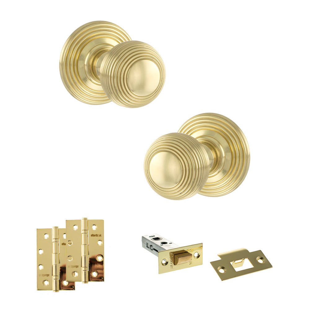 Quality image of Old English Ripon Door Knob Pack (Latch Set - 4" HD Latch, 4" Slim Knuckle Hinges x2) - Polished Brass | Sku. adpoe50rmkpb59 | available from Trade Door Handles.