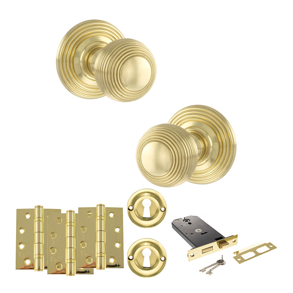 Quality image of Old English Ripon Door Knob Pack (Lock Set - Horizontal Sashlock, 4" Fire Rated Hinges x3) - Polished Brass | Sku. adpoe50rmkpb71 | available from Trade Door Handles.
