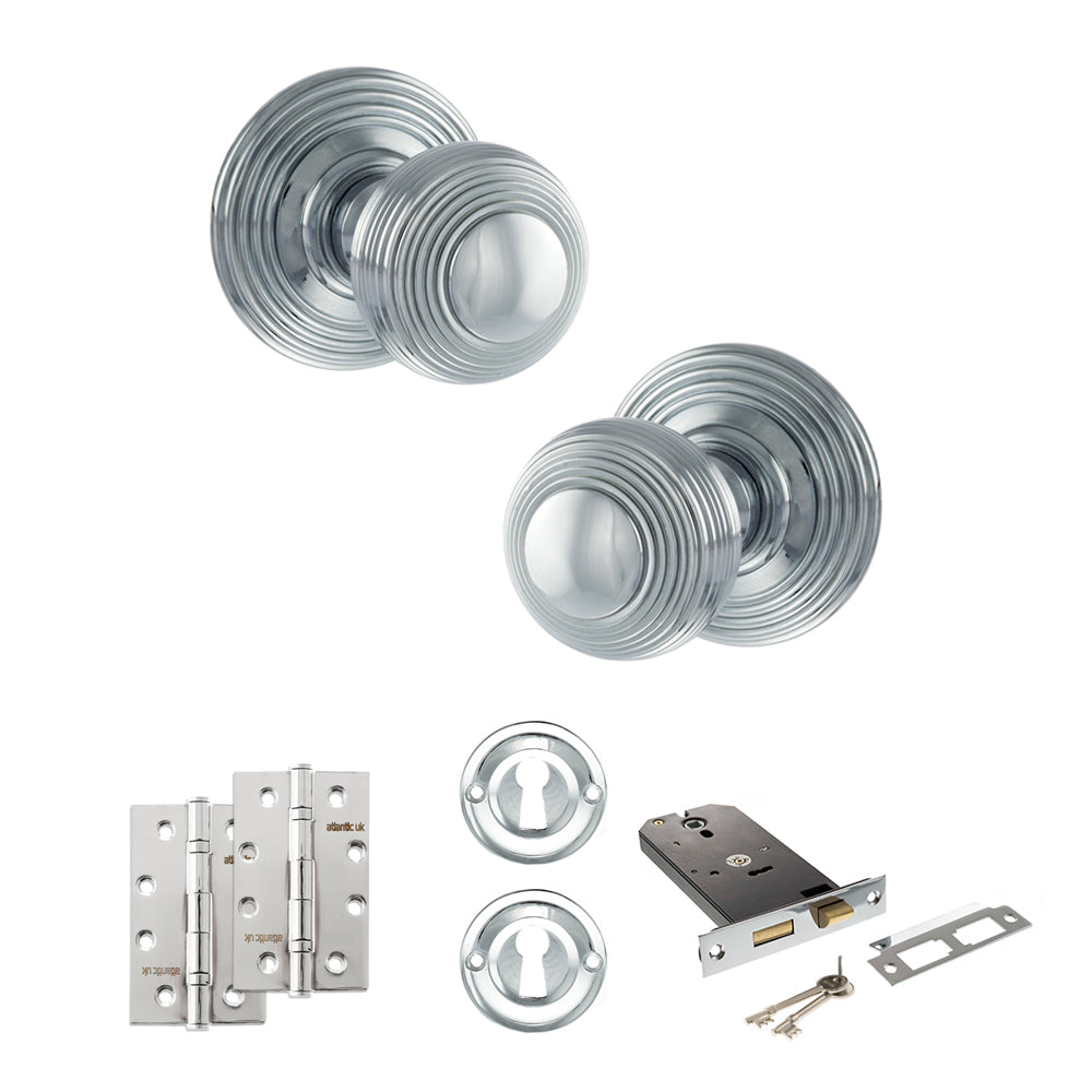 Quality image of Old English Ripon Door Knob Pack (Lock Set - Horizontal Sashlock, 4" Slim Knuckle Hinges x2) - Polished Chrome | Sku. adpoe50rmkpc73 | available from Trade Door Handles.