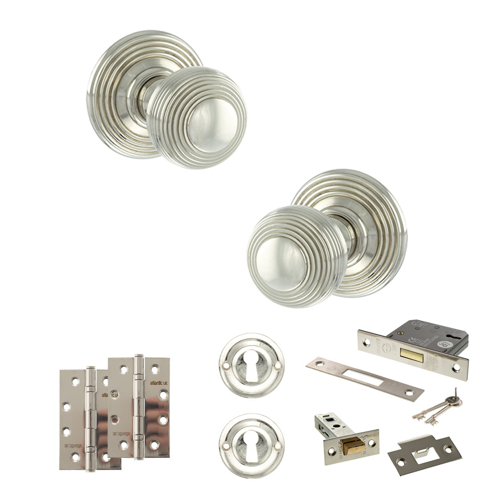 Quality image of Old English Ripon Door Knob Pack (Lock Set - 3" Latch & Deadlock, 4" Slim Knuckle Hinges x2) - Polished Nickel | Sku. adpoe50rmkpn68 | available from Trade Door Handles.