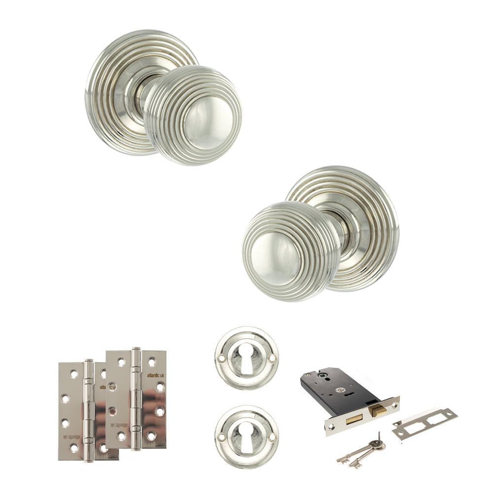 Quality image of Old English Ripon Door Knob Pack (Lock Set - Horizontal Sashlock, 4" Slim Knuckle Hinges x2) - Polished Nickel | Sku. adpoe50rmkpn73 | available from Trade Door Handles.