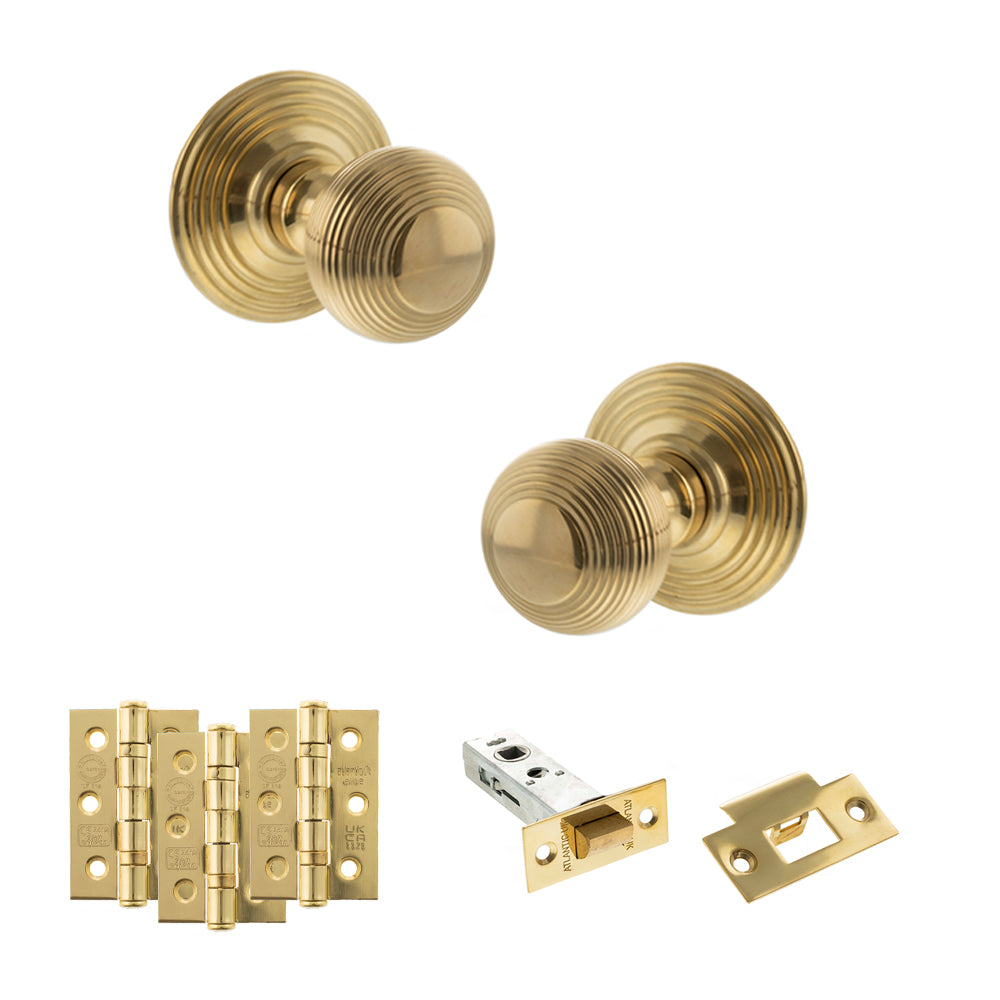 Quality image of Old English Ripon Door Knob Pack (Latch Set - 4" HD Latch, 3" Fire Rated Hinges x3) - Raw Brass | Sku. adpoe50rmkrb55 | available from Trade Door Handles.