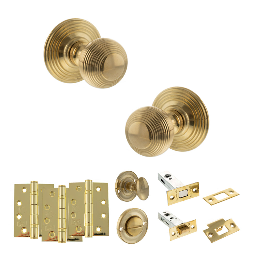 Quality image of Old English Ripon Door Knob Pack (Bathroom Set - 4" Deadbolt, 4" Fire Rated Hinges x3) - Raw Brass | Sku. adpoe50rmkrb63 | available from Trade Door Handles.