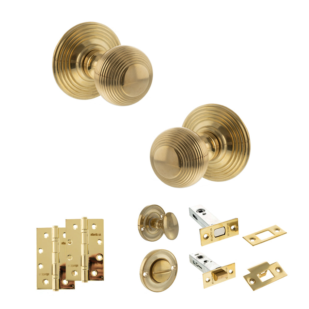 Quality image of Old English Ripon Door Knob Pack (Bathroom Set - 4" Deadbolt, 4" Slim Knuckle Hinges x2) - Raw Brass | Sku. adpoe50rmkrb65 | available from Trade Door Handles.