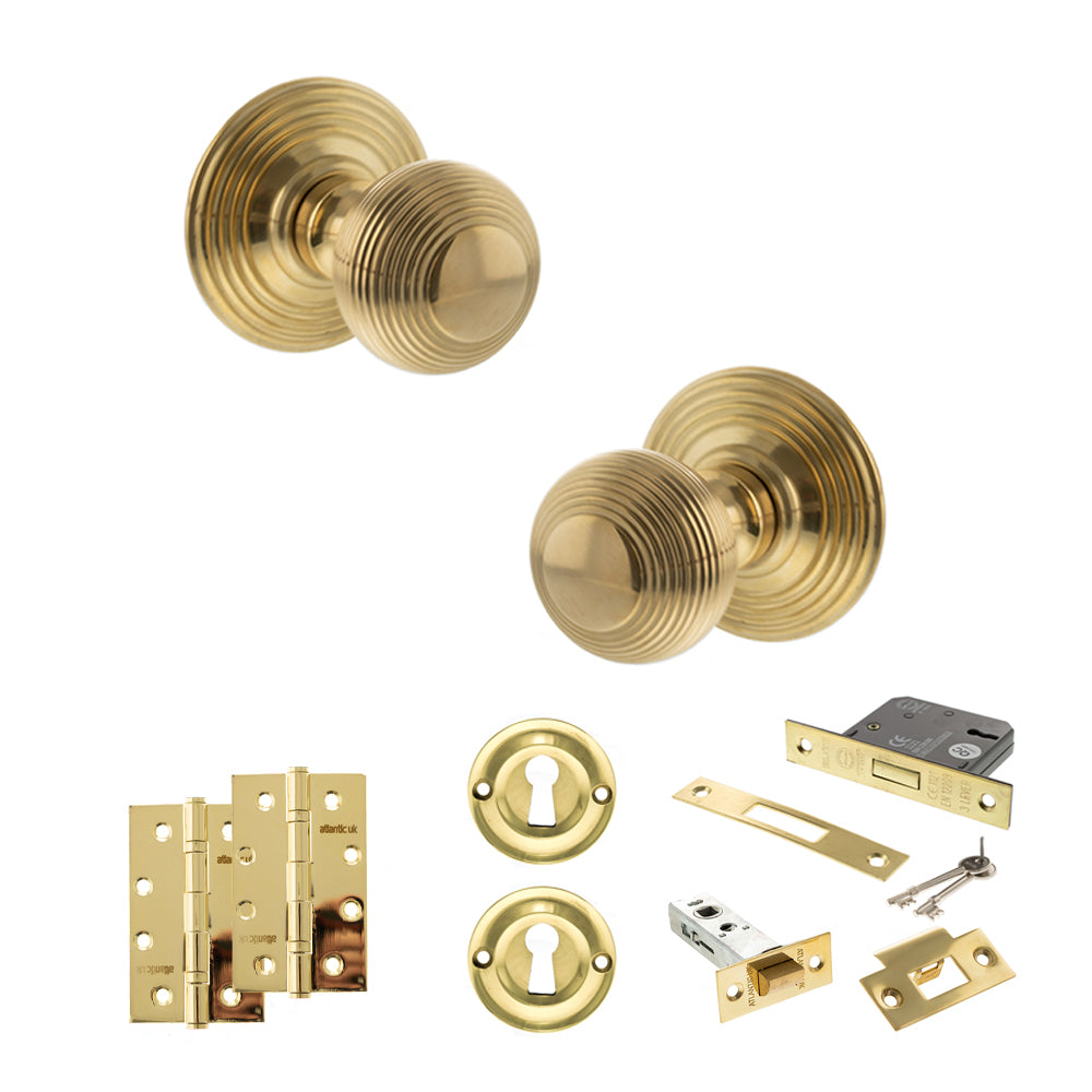 Quality image of Old English Ripon Door Knob Pack (Lock Set - 3" Latch & Deadlock, 4" Slim Knuckle Hinges x2) - Raw Brass | Sku. adpoe50rmkrb68 | available from Trade Door Handles.