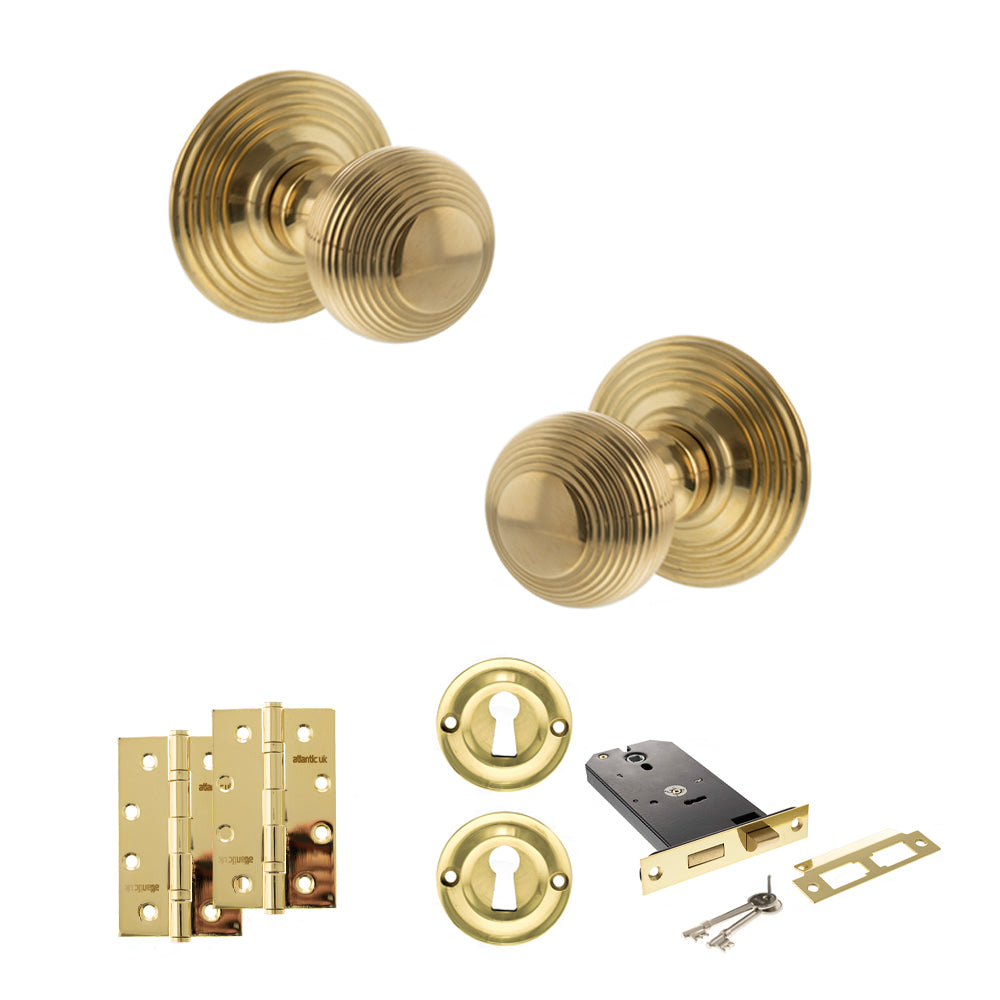Quality image of Old English Ripon Door Knob Pack (Lock Set - Horizontal Sashlock, 4" Slim Knuckle Hinges x2) - Raw Brass | Sku. adpoe50rmkrb73 | available from Trade Door Handles.