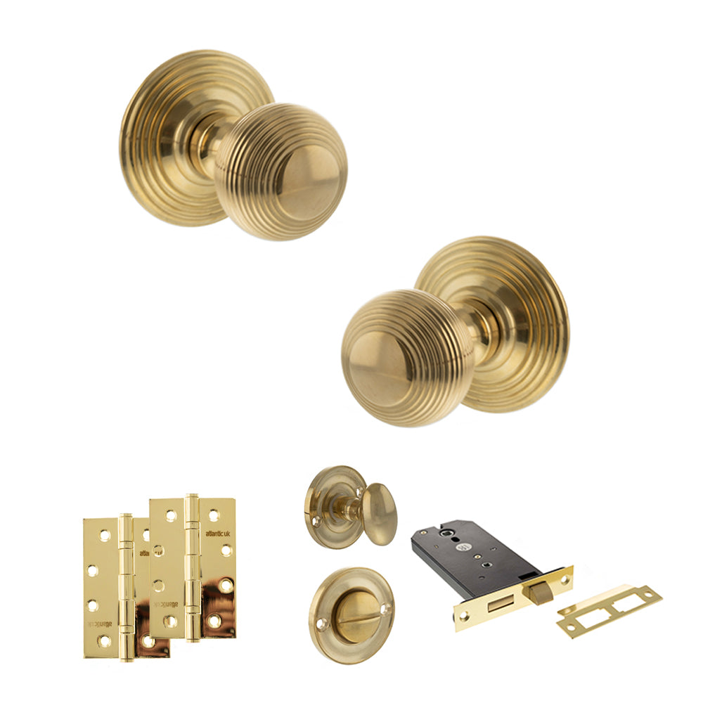 Quality image of Old English Ripon Door Knob Pack (Lock Set - Horizontal Bathlock, 4" Slim Knuckle Hinges x2) - Raw Brass | Sku. adpoe50rmkrb74 | available from Trade Door Handles.
