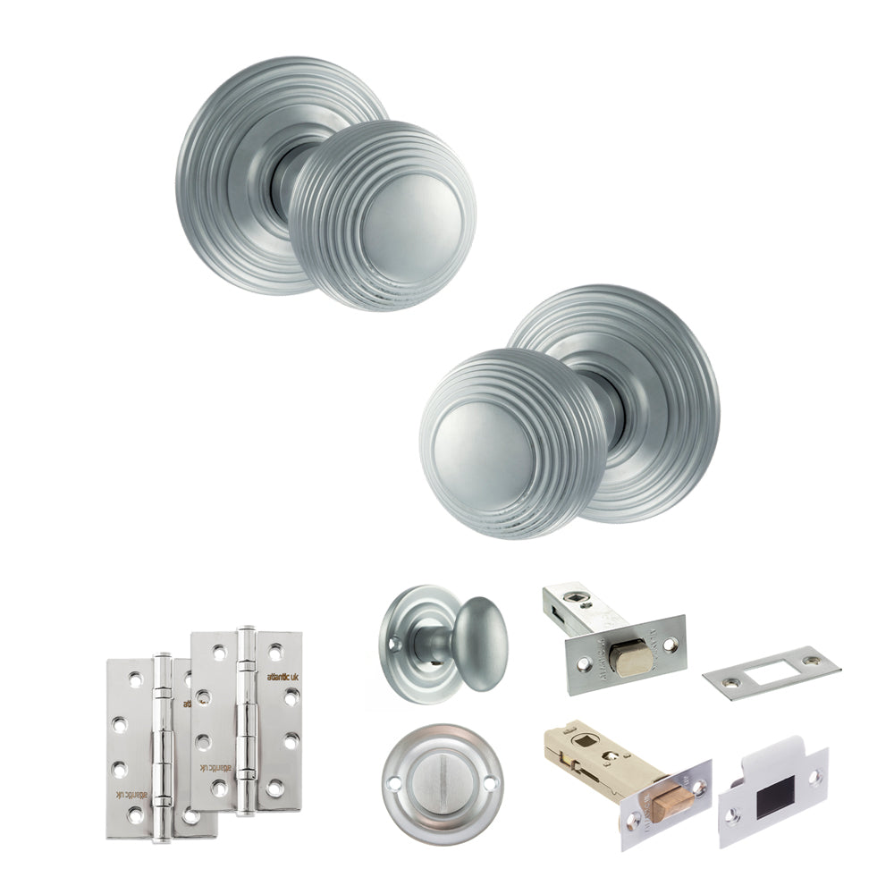 Quality image of Old English Ripon Door Knob Pack (Bathroom Set - 3" Deadbolt, 4" Slim Knuckle Hinges x2) - Satin Chrome | Sku. adpoe50rmksc64 | available from Trade Door Handles.