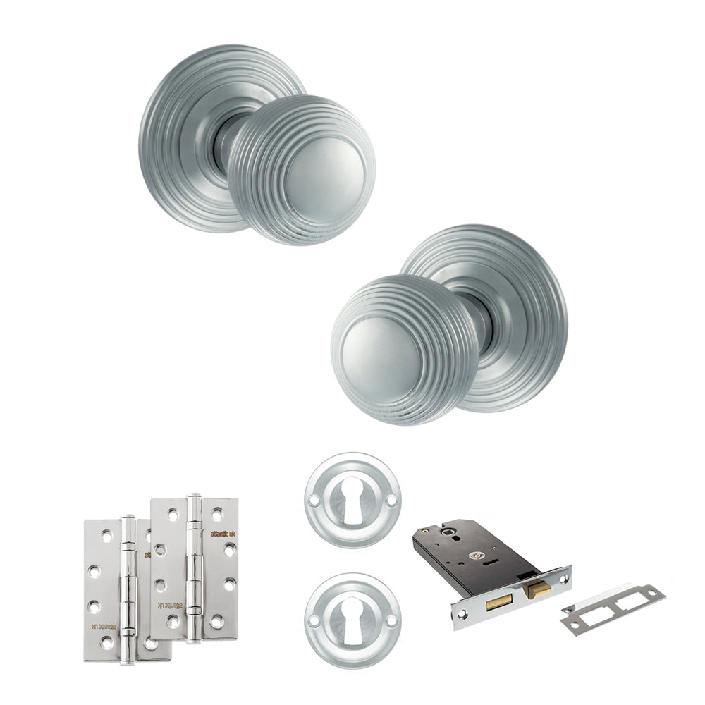 Quality image of Old English Ripon Door Knob Pack (Lock Set - Horizontal Sashlock, 4" Slim Knuckle Hinges x2) - Satin Chrome | Sku. adpoe50rmksc73 | available from Trade Door Handles.