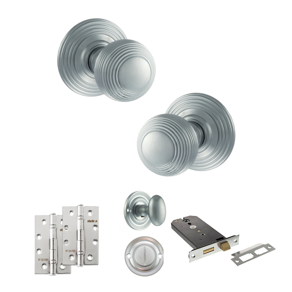 Quality image of Old English Ripon Door Knob Pack (Lock Set - Horizontal Bathlock, 4" Slim Knuckle Hinges x2) - Satin Chrome | Sku. adpoe50rmksc74 | available from Trade Door Handles.